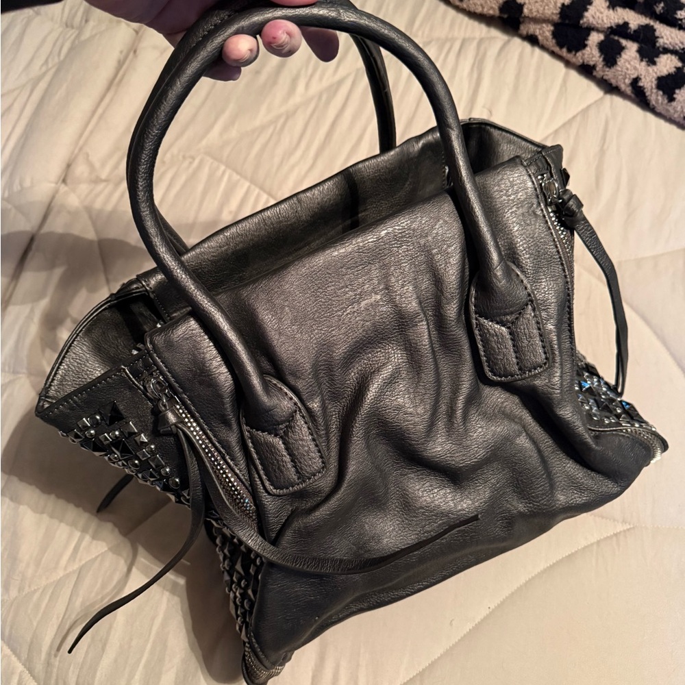 Dark Grey Studded Leather Handbag with Wallet